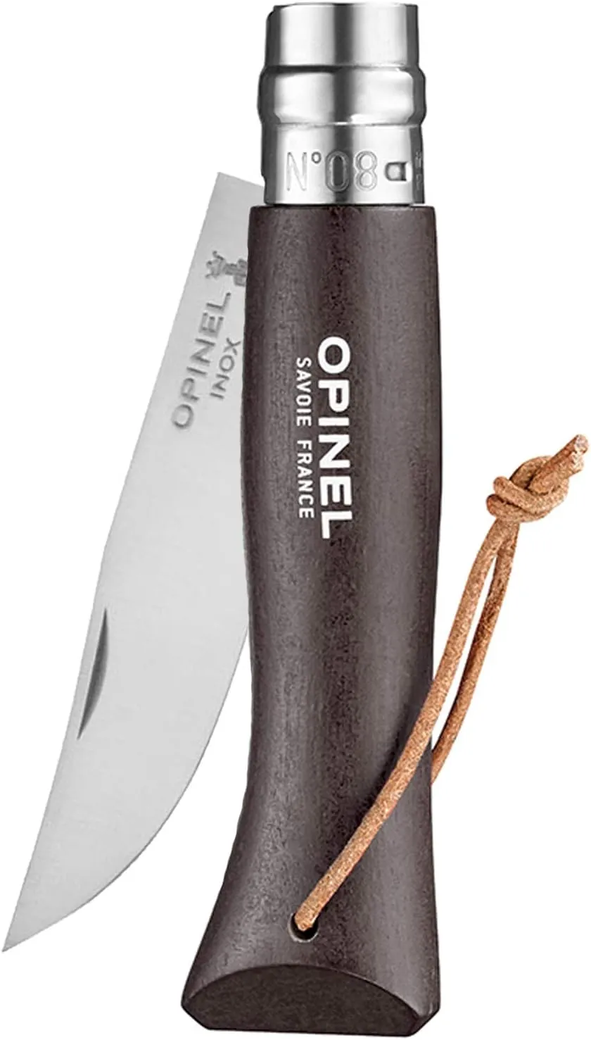 Opinel Colorama Series No. 8 - Stainless Steel Everyday Carry Folding Pocket Knife with Leather Strap, Painted Hornbeam Handles