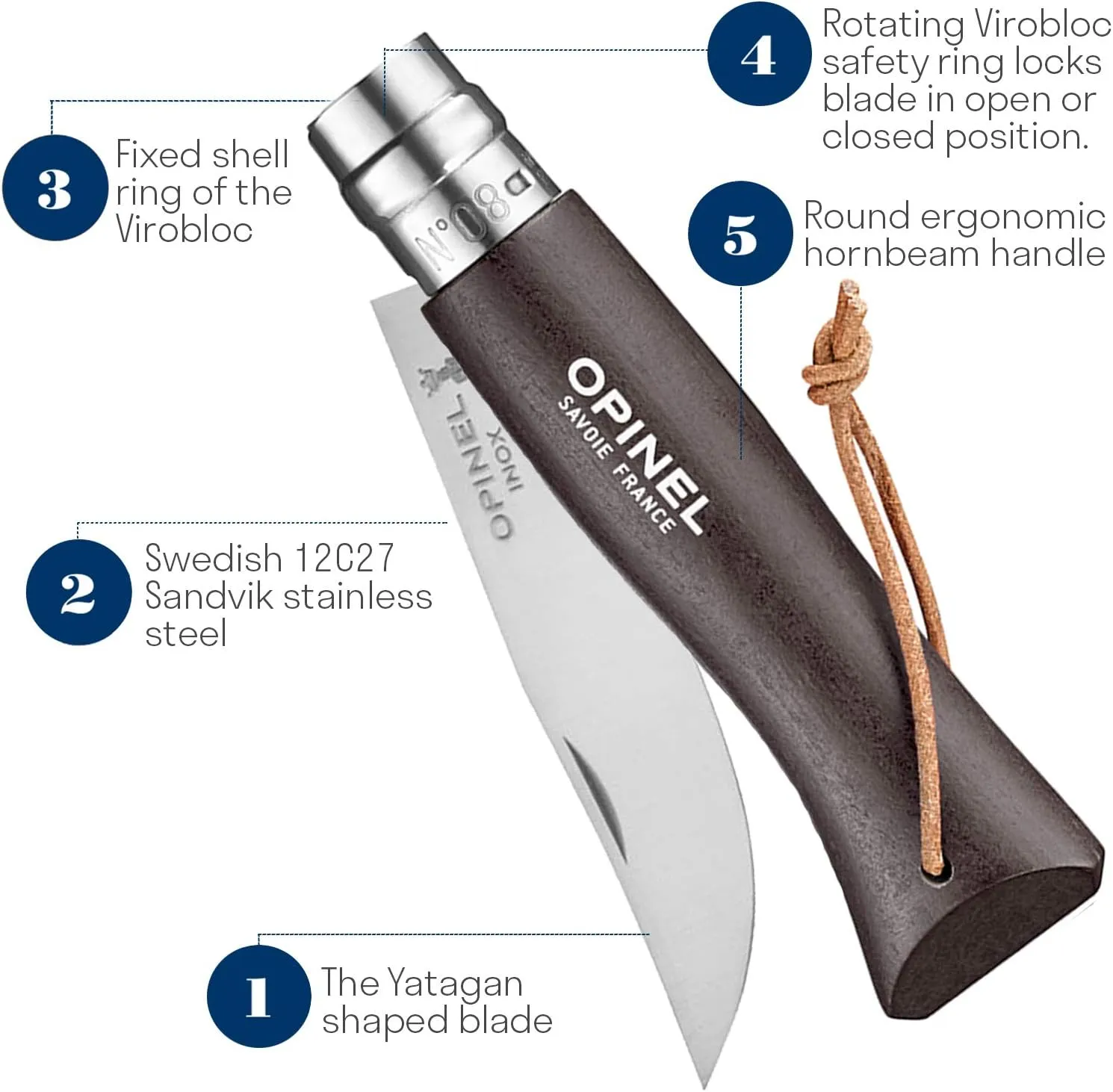Opinel Colorama Series No. 8 - Stainless Steel Everyday Carry Folding Pocket Knife with Leather Strap, Painted Hornbeam Handles