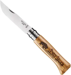 Opinel No. 8 Engraved Oak Handle Folding Knife, Animalia Collection, Stainless Steel Blade, Made in France
