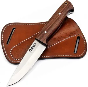 Ottoza Bushcraft Knife & Walnut Wood Handle, Outdoor Knife Survival Knife Camping Knife - 1095 High Carbon Steel Knife - 1095 Carbon Steel Fixed Blade Hunting Knives for Men Cross Draw Knife Sheath 406