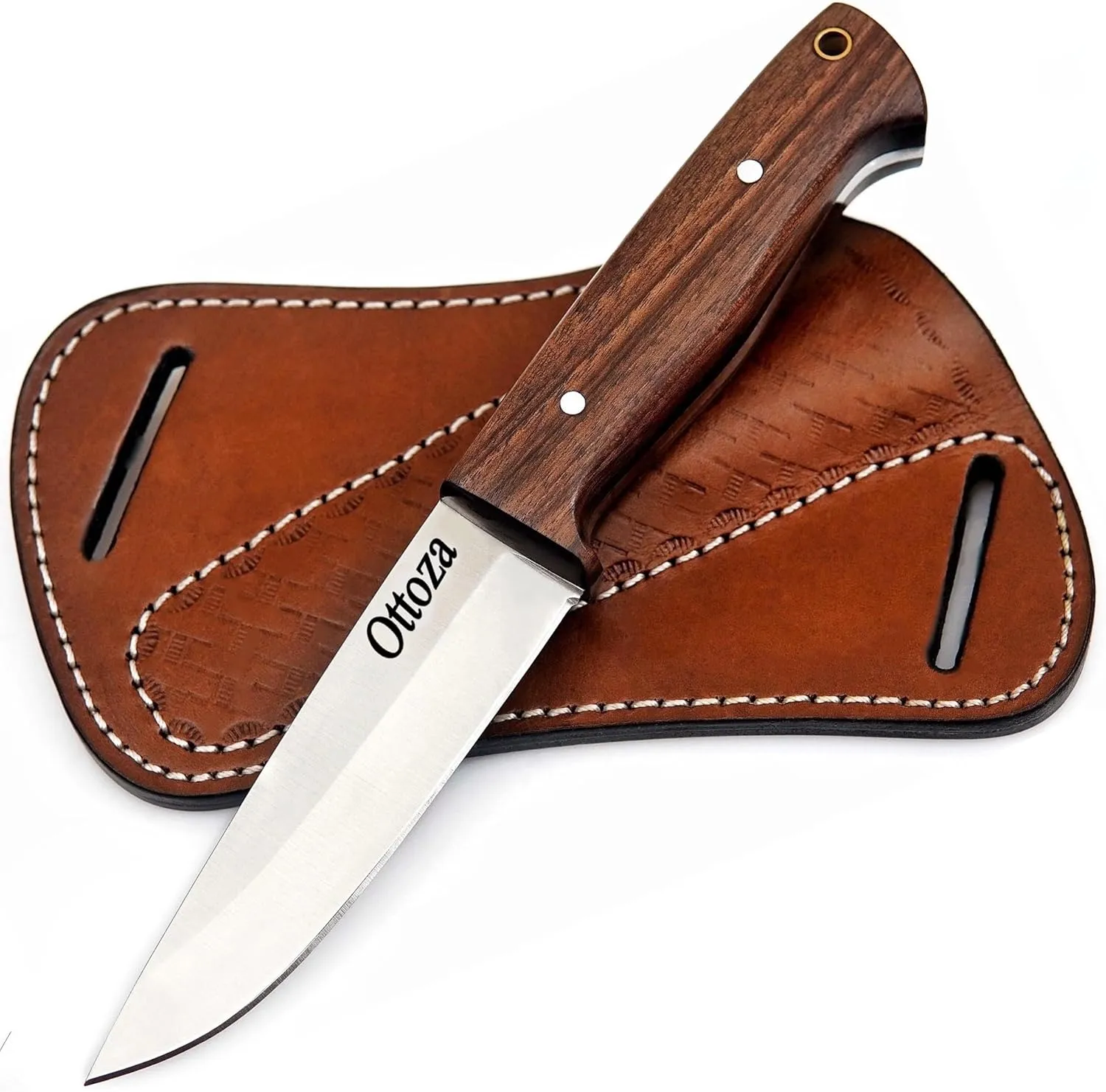 Ottoza Bushcraft Knife & Walnut Wood Handle, Outdoor Knife Survival Knife Camping Knife - 1095 High Carbon Steel Knife - 1095 Carbon Steel Fixed Blade Hunting Knives for Men Cross Draw Knife Sheath 406