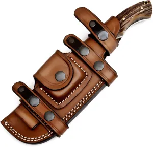 Ottoza Tracker Knife with Sheath & Stag Horn Handle, Outdoor Knife Survival Knife Camping Knife - Damascus Knife - Damascus Steel Fixed Blade Hunting Knives for Men Horizontal Carry Knife Sheath No:114