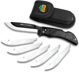 Outdooe Edge Razor Pro L Hunting Knife - Sharp Replaceable Blade Pocket Knife with Black Handle, Belt Holster & 6 Blades - A Must Have for Field Dressing and Hunting Needs