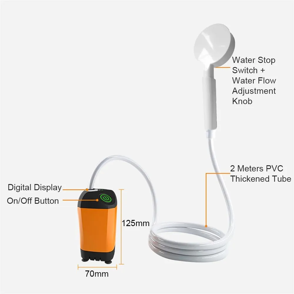 Outdoor Camping Shower Portable Electric Shower Pump IPX7 Proof with Digital Display for Camping Hiking Backpacking Travel Beach Pet ing, Orange
