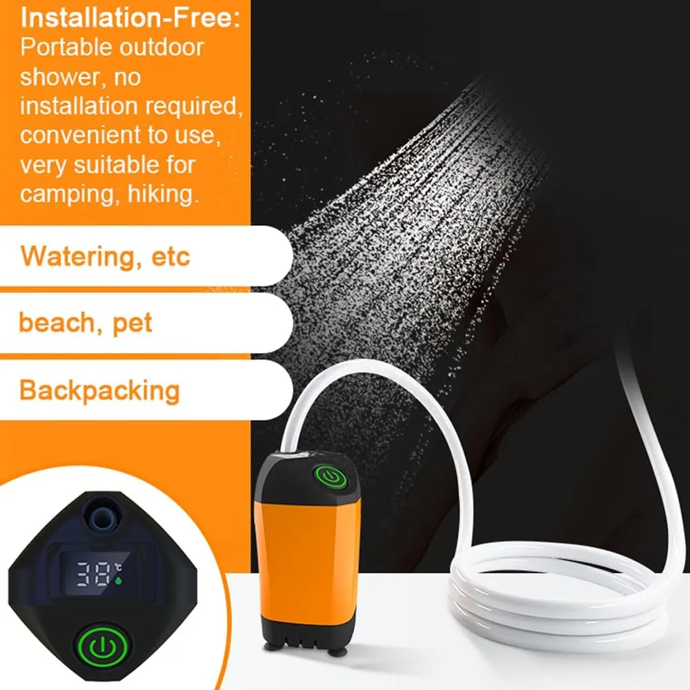 Outdoor Camping Shower Portable Electric Shower Pump IPX7 Proof with Digital Display for Camping Hiking Backpacking Travel Beach Pet ing, Orange