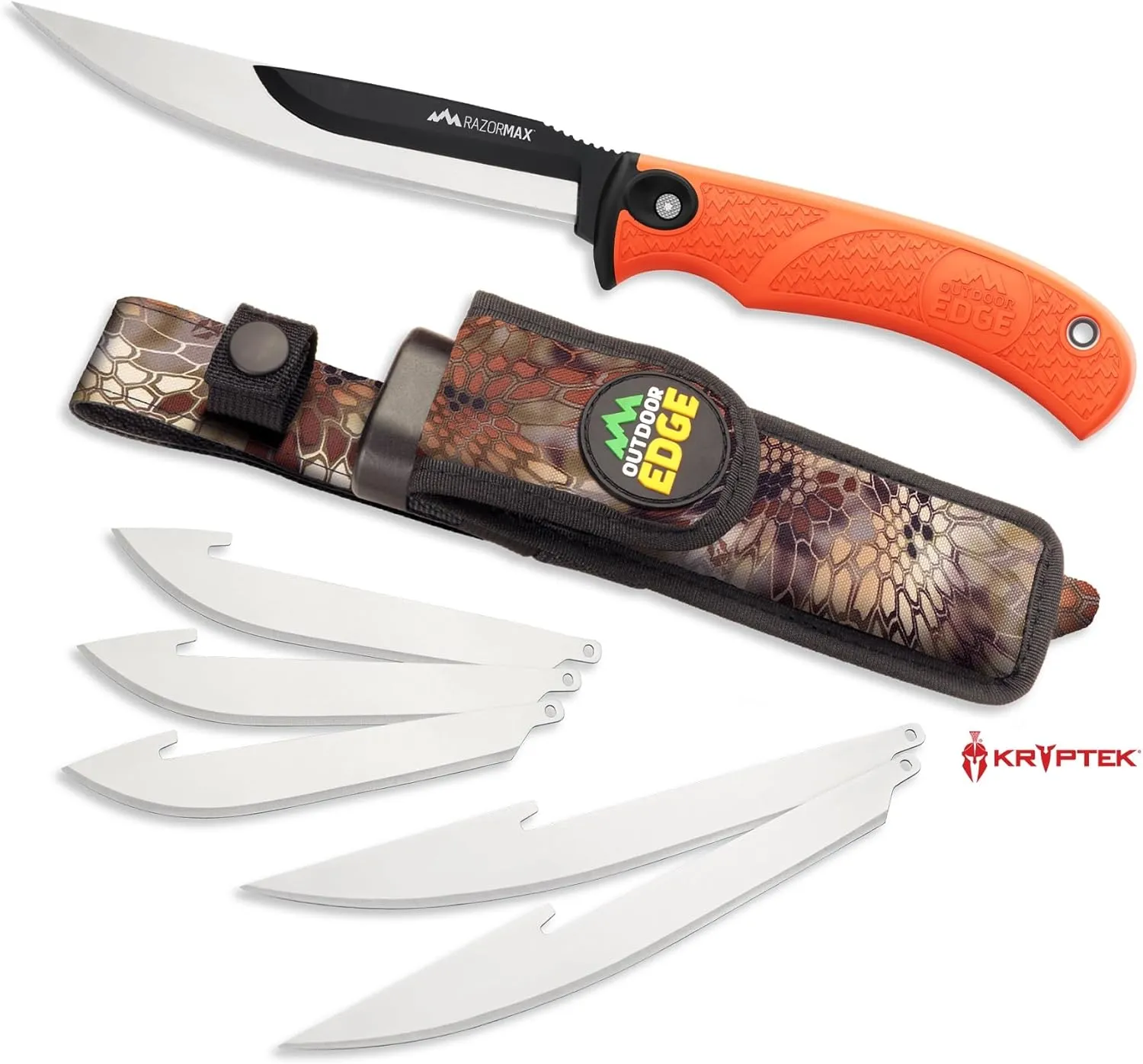 OUTDOOR EDGE RazorMax - Replaceable Fixed Blade Hunting Knife with 3.5" Drop-Point, 5" Boning/Fillet Blades, Belt Sheath and Detachable Blade Carrier (Orange, 6 Blades)