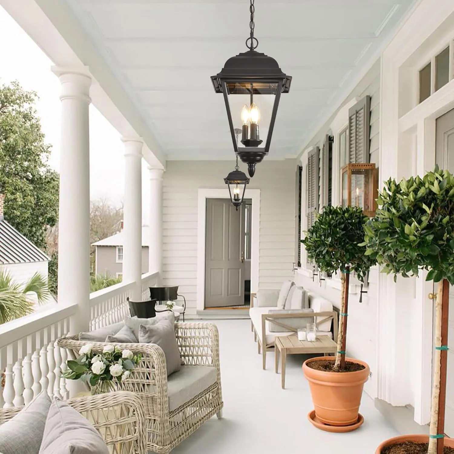 Outdoor Pendant Light, 3-Light Exterior Hanging Porch Light, Extra Large Outdoor Hanging Light Fixture with Clear Glass, Waterproof Black Outside Chandelier for House Front Door Farmhouse