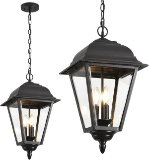Outdoor Pendant Light, 3-Light Exterior Hanging Porch Light, Extra Large Outdoor Hanging Light Fixture with Clear Glass, Waterproof Black Outside Chandelier for House Front Door Farmhouse