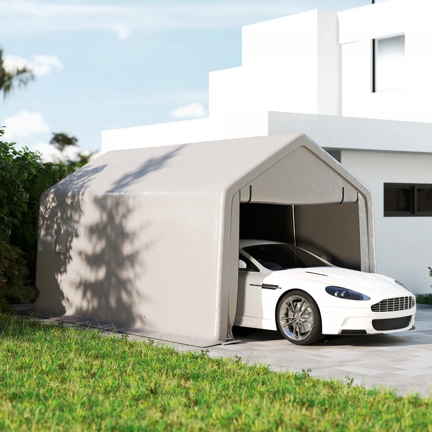 Outsunny 10 X 17 Ft Carport, Car Shelter W/ Roll-up Zipper Door, Grey