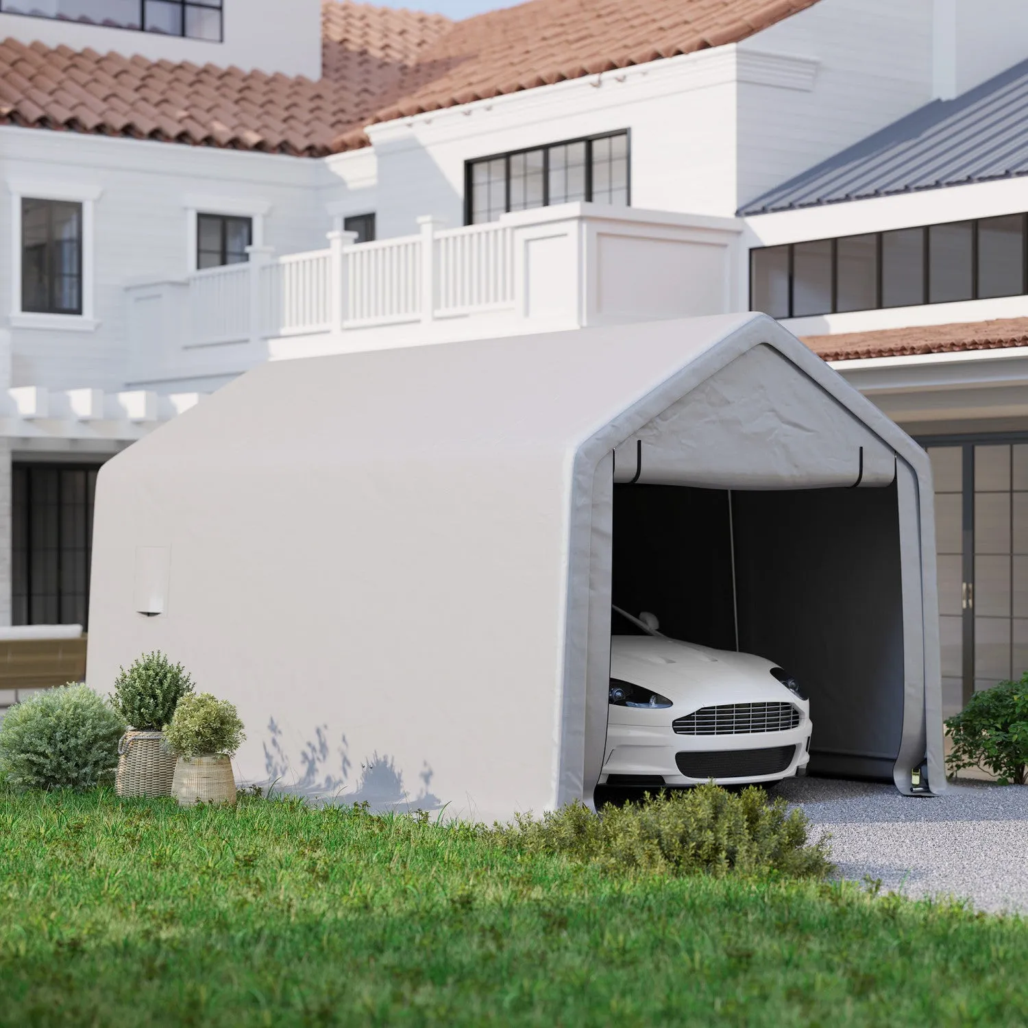Outsunny 10 X 17 Ft Carport, Car Shelter W/ Roll-up Zipper Door, Grey