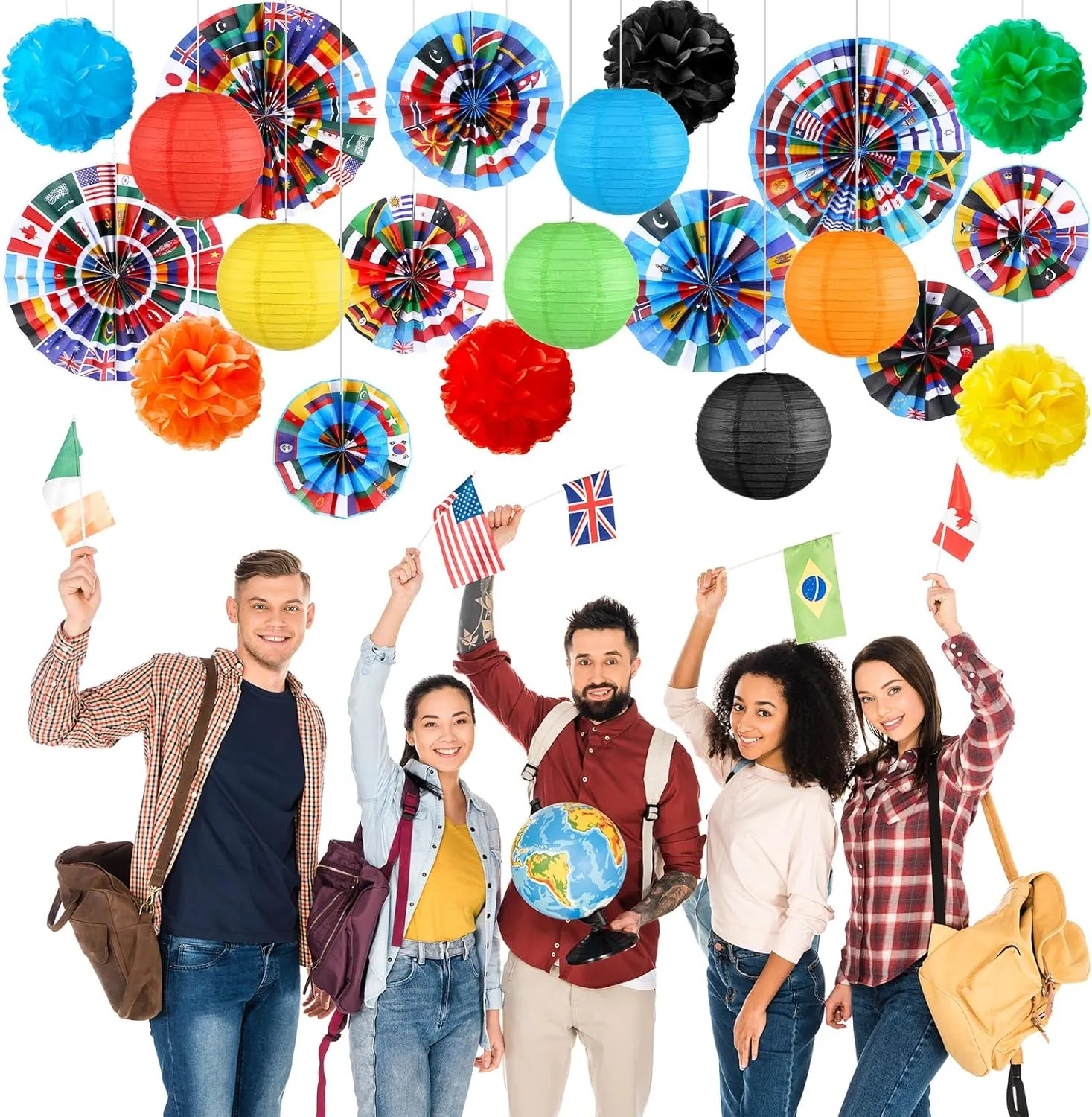 Outus International World Flags Hanging Decorations Around The World Paper Fans Country Flags Tissue Pom Poms Nations Paper Lanterns for Sports Event Holiday School Classroom Ceiling Wall Decor