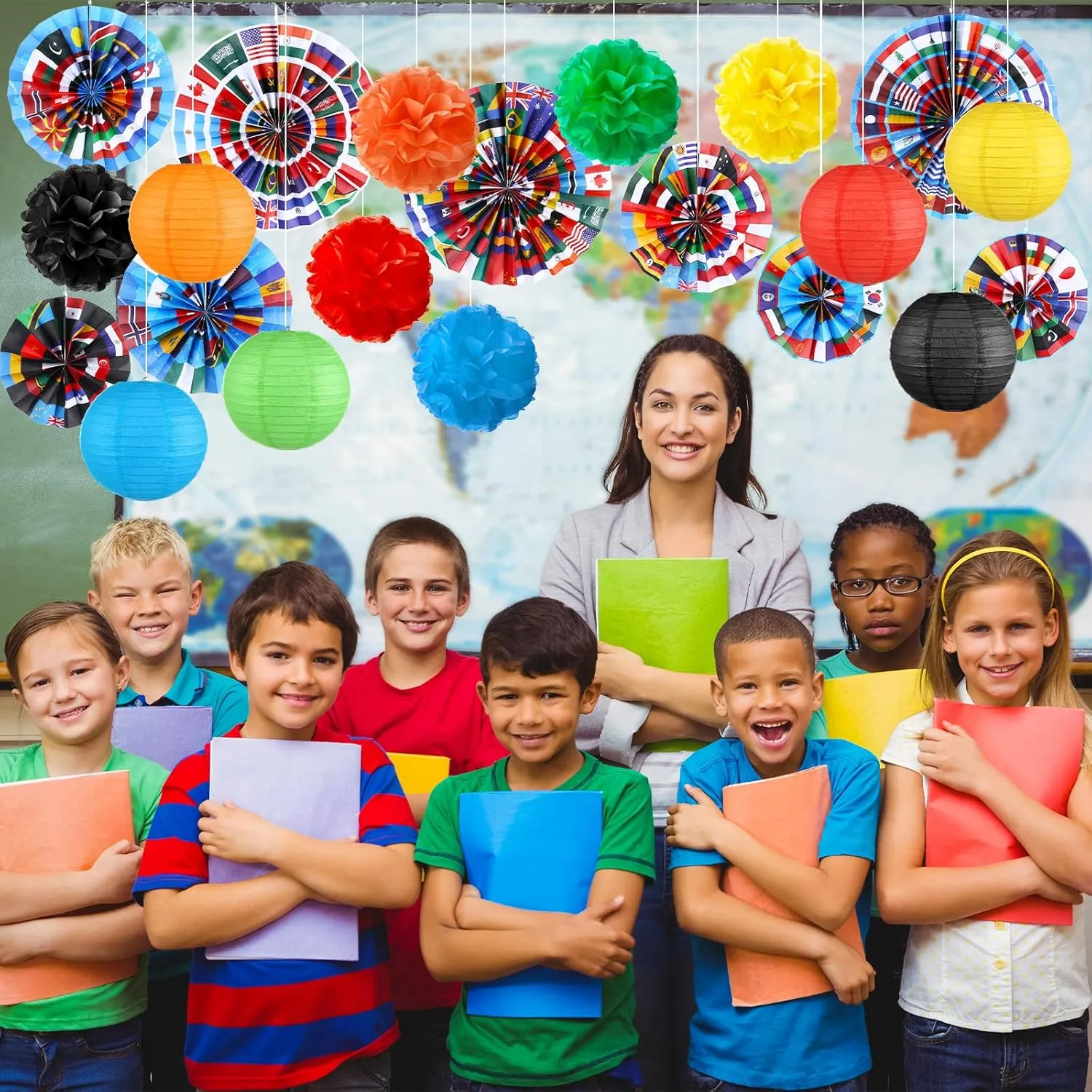 Outus International World Flags Hanging Decorations Around The World Paper Fans Country Flags Tissue Pom Poms Nations Paper Lanterns for Sports Event Holiday School Classroom Ceiling Wall Decor