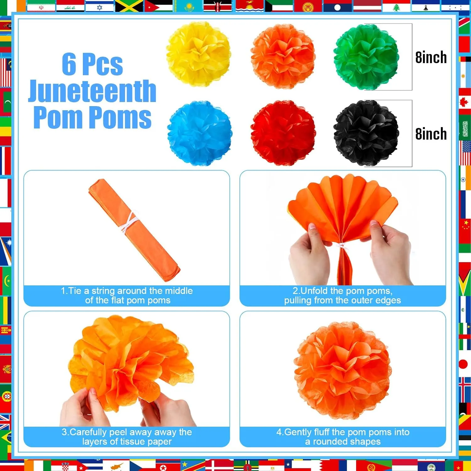 Outus International World Flags Hanging Decorations Around The World Paper Fans Country Flags Tissue Pom Poms Nations Paper Lanterns for Sports Event Holiday School Classroom Ceiling Wall Decor