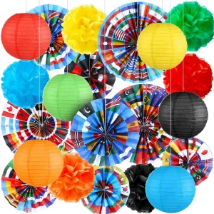 Outus International World Flags Hanging Decorations Around The World Paper Fans Country Flags Tissue Pom Poms Nations Paper Lanterns for Sports Event Holiday School Classroom Ceiling Wall Decor