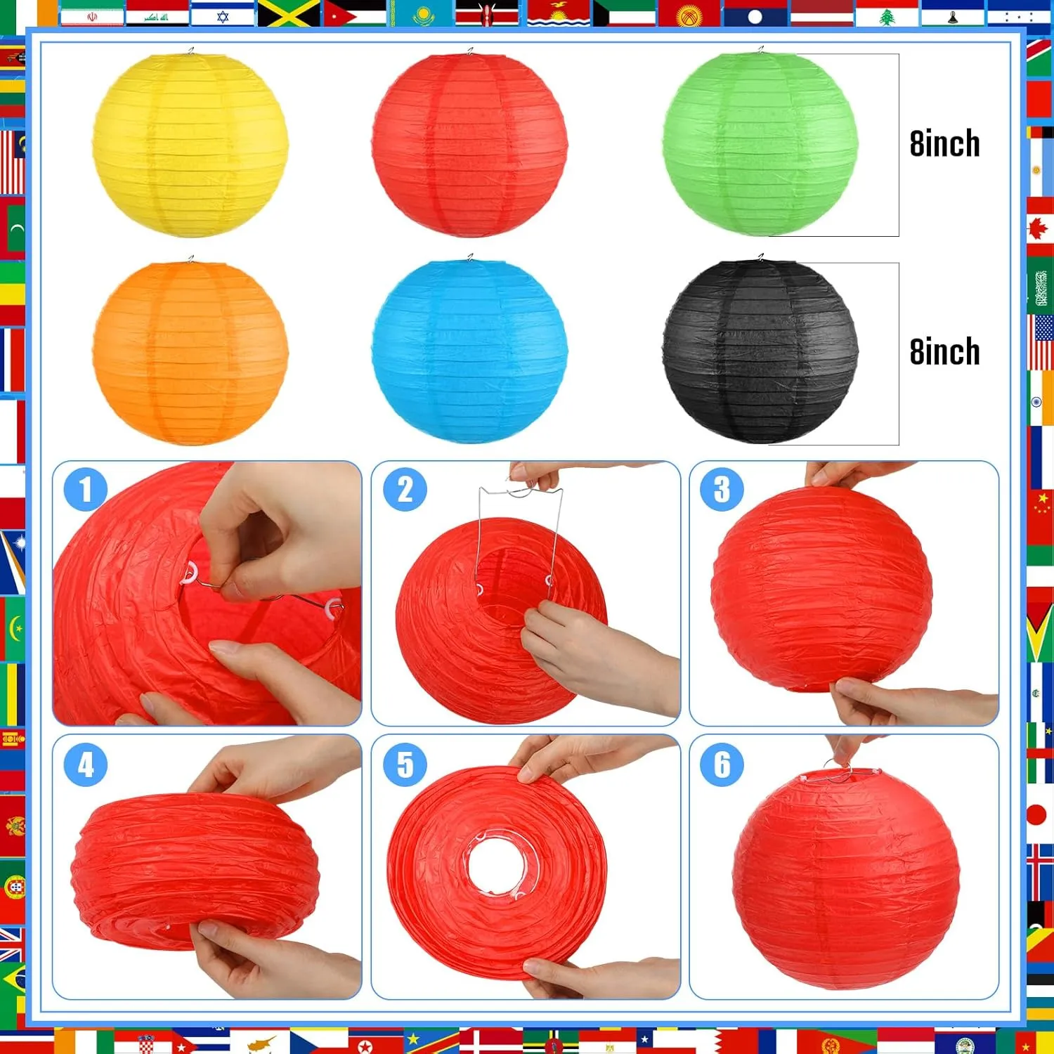 Outus International World Flags Hanging Decorations Around The World Paper Fans Country Flags Tissue Pom Poms Nations Paper Lanterns for Sports Event Holiday School Classroom Ceiling Wall Decor
