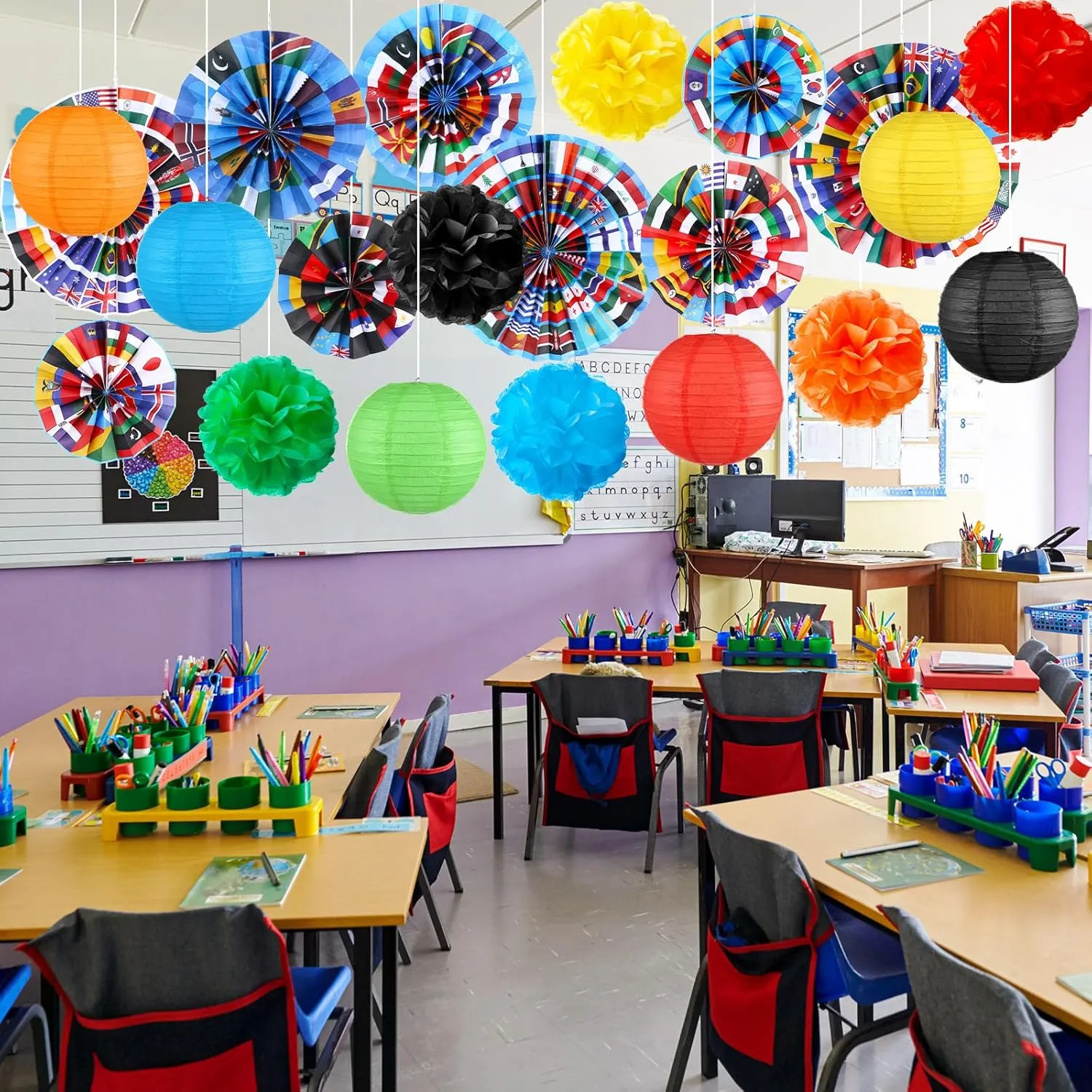 Outus International World Flags Hanging Decorations Around The World Paper Fans Country Flags Tissue Pom Poms Nations Paper Lanterns for Sports Event Holiday School Classroom Ceiling Wall Decor