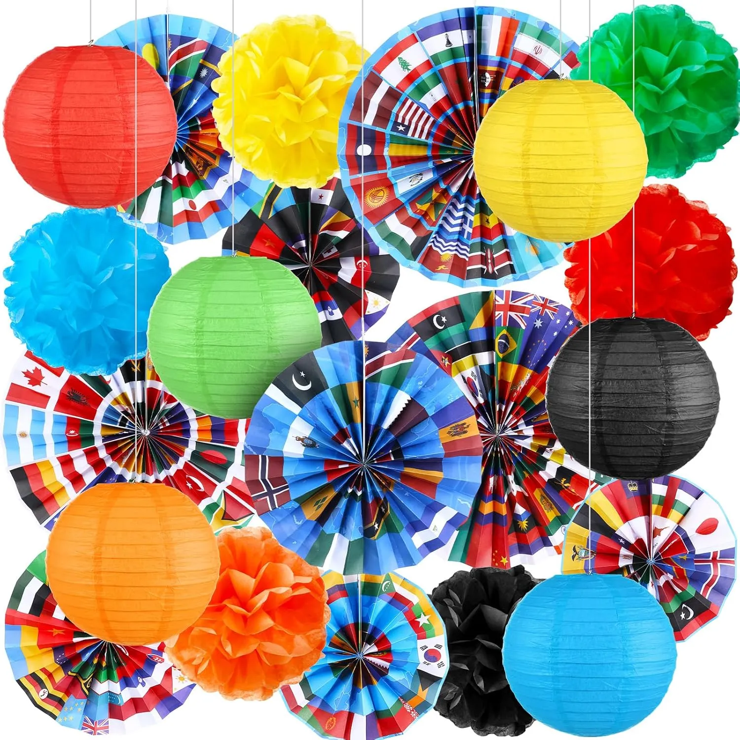 Outus International World Flags Hanging Decorations Around The World Paper Fans Country Flags Tissue Pom Poms Nations Paper Lanterns for Sports Event Holiday School Classroom Ceiling Wall Decor