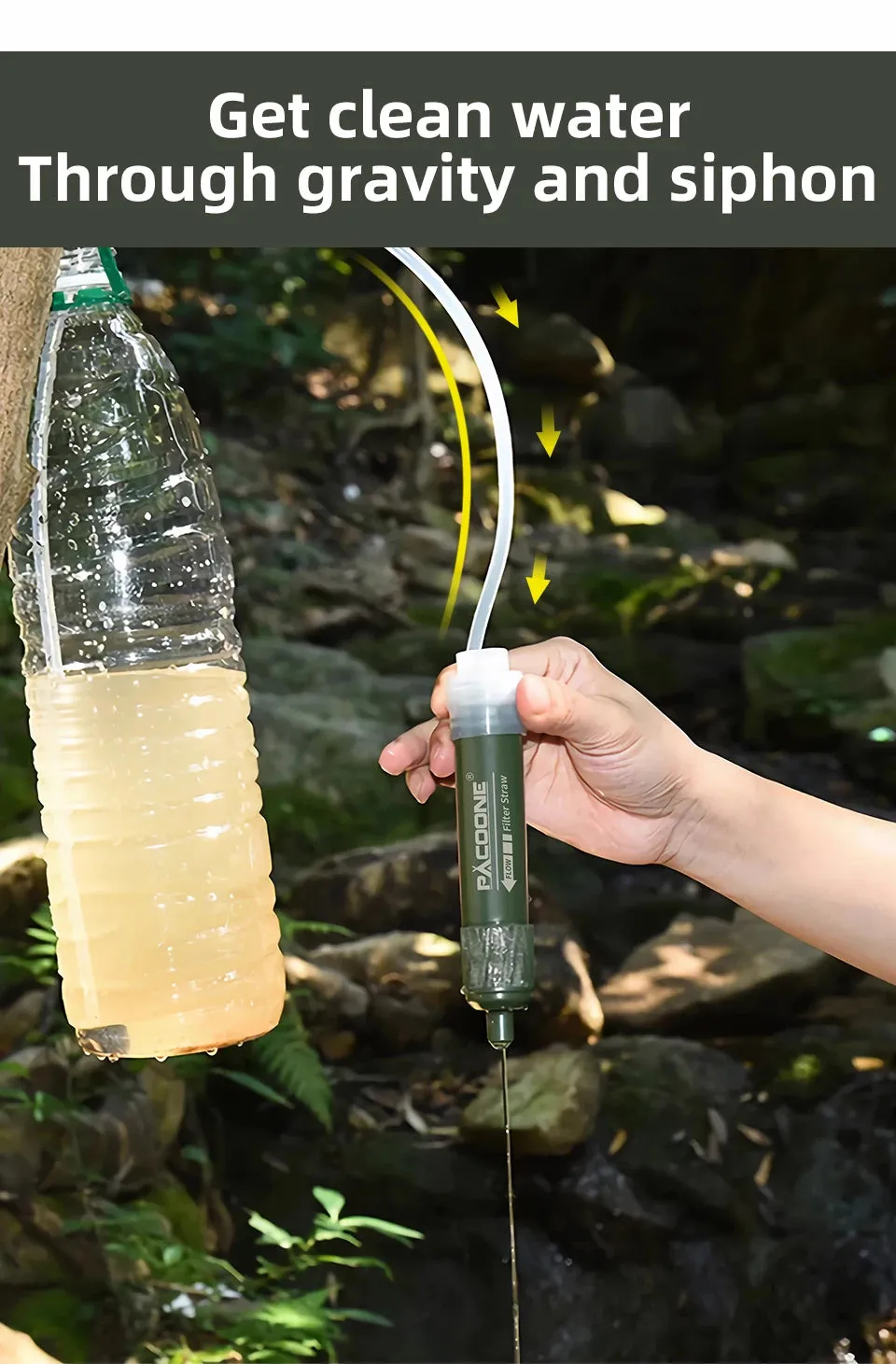 PACOONE Mini Camping Purification Water Filter Straw TUP Carbon Fiber Water Bag for Survival or Emergency Supplies