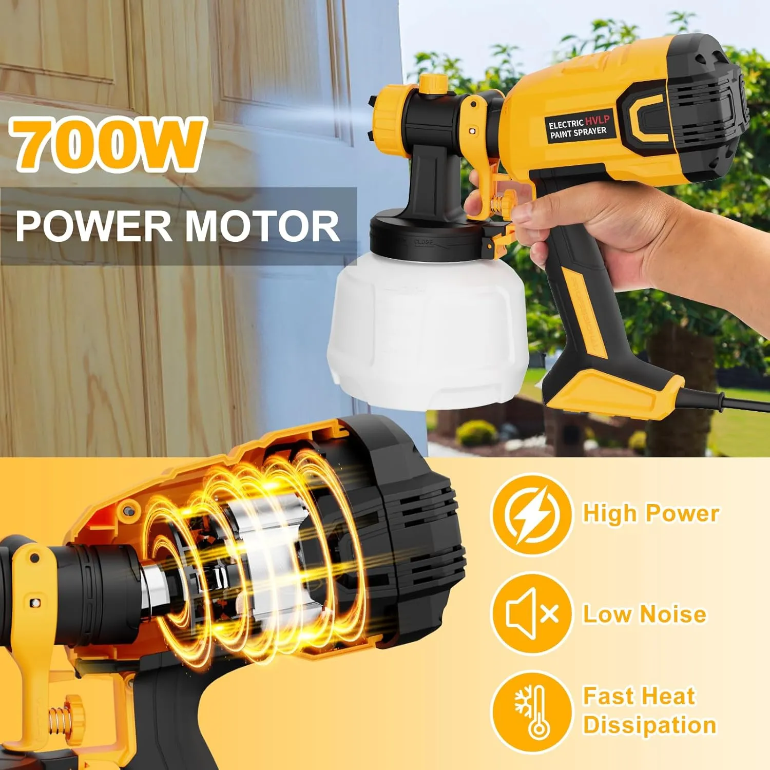 Paint Sprayer, 700W HVLP High Power Electric Spray Paint Gun with 40 Fl Oz Container, Adjustable Spray Width, 4 Nozzles & 3 Patterns, Easy to Clean, for Furniture, House, Fence, Walls, Etc.