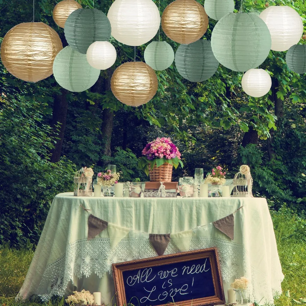 Paper Lanterns Decorative, Round Hanging Paper Lanterns Decorations for Rustic Party Bridal Shower Wedding Sage Green Birthday Party Supplies Gold/Ivory/Sage Green 15pcs