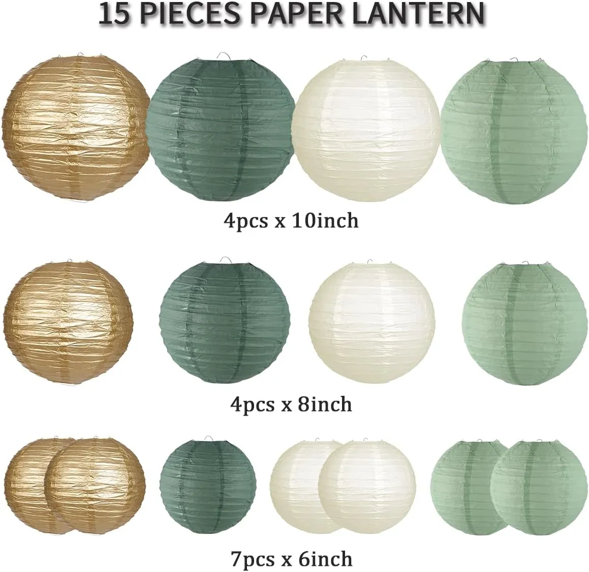Paper Lanterns Decorative, Round Hanging Paper Lanterns Decorations for Rustic Party Bridal Shower Wedding Sage Green Birthday Party Supplies Gold/Ivory/Sage Green 15pcs