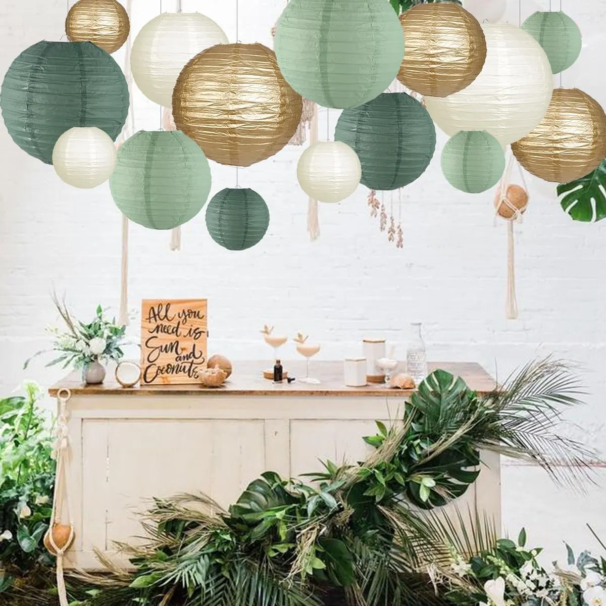 Paper Lanterns Decorative, Round Hanging Paper Lanterns Decorations for Rustic Party Bridal Shower Wedding Sage Green Birthday Party Supplies Gold/Ivory/Sage Green 15pcs