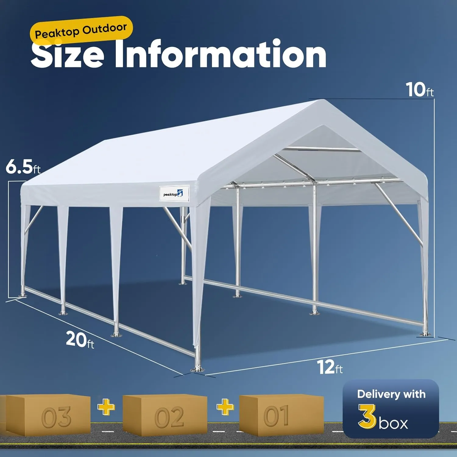 PEAKTOP OUTDOOR 12x20 ft Heavy Duty Carport, Portable Car Canopy, Garage Tent, Boat Shelter with Reinforced Triangular Beams and Ground Bar, White