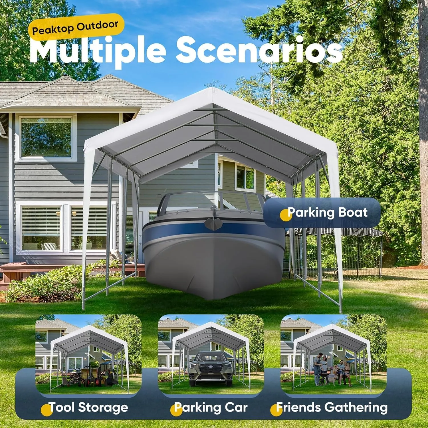 PEAKTOP OUTDOOR 12x20 ft Heavy Duty Carport, Portable Car Canopy, Garage Tent, Boat Shelter with Reinforced Triangular Beams and Ground Bar, White