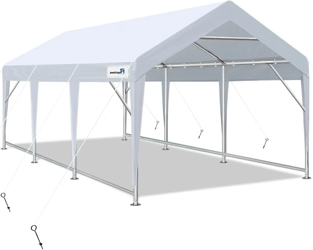 PEAKTOP OUTDOOR 12x20 ft Heavy Duty Carport, Portable Car Canopy, Garage Tent, Boat Shelter with Reinforced Triangular Beams and Ground Bar, White
