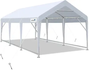 PEAKTOP OUTDOOR 12x20 ft Heavy Duty Carport, Portable Car Canopy, Garage Tent, Boat Shelter with Reinforced Triangular Beams and Ground Bar, White
