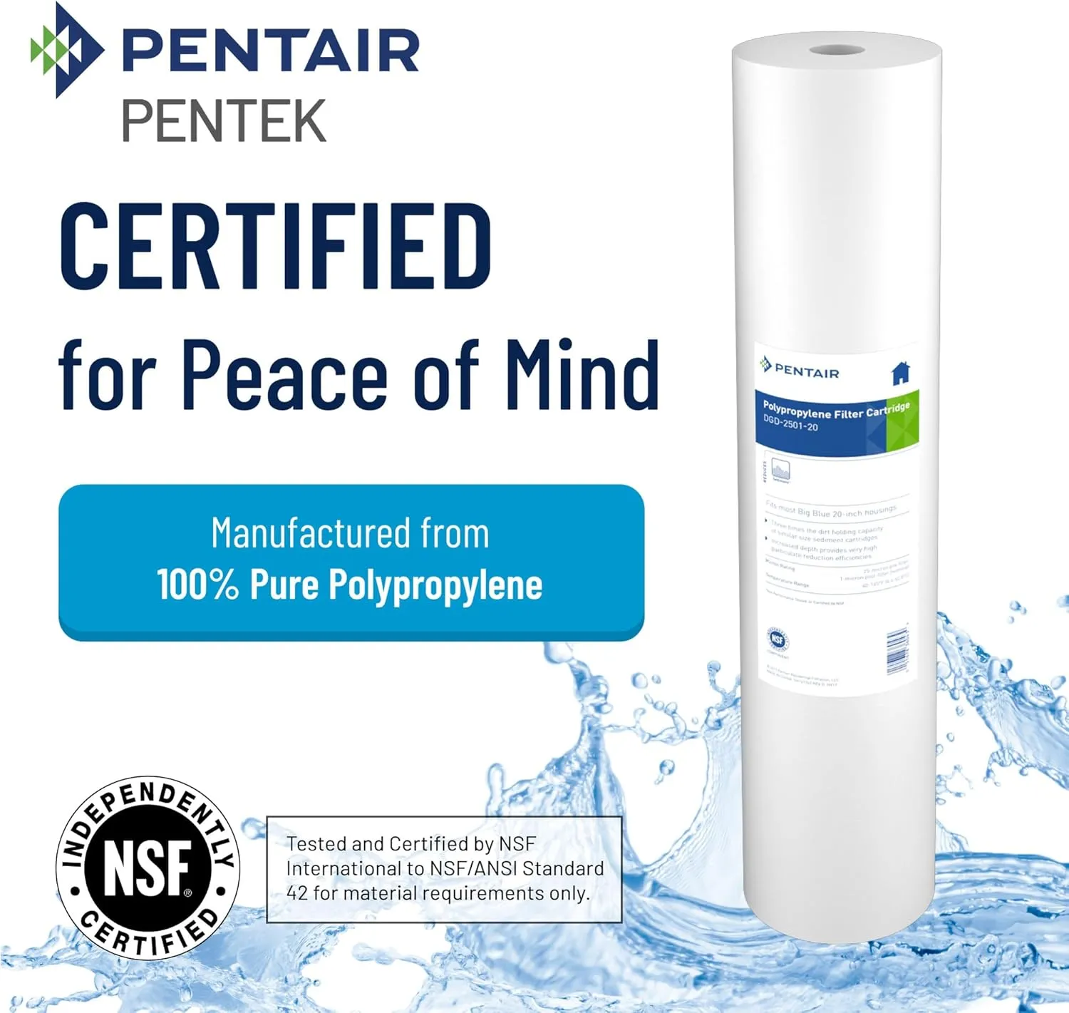 Pentair Pentek DGD-5005-20 Big Blue Water Filter, 20-Inch Whole House Sediment Filter Cartridge Replacement, Dual-Gradient Density Spun Polypropylene, 20" x 4.5", 5 Micron, Pack of 1, White