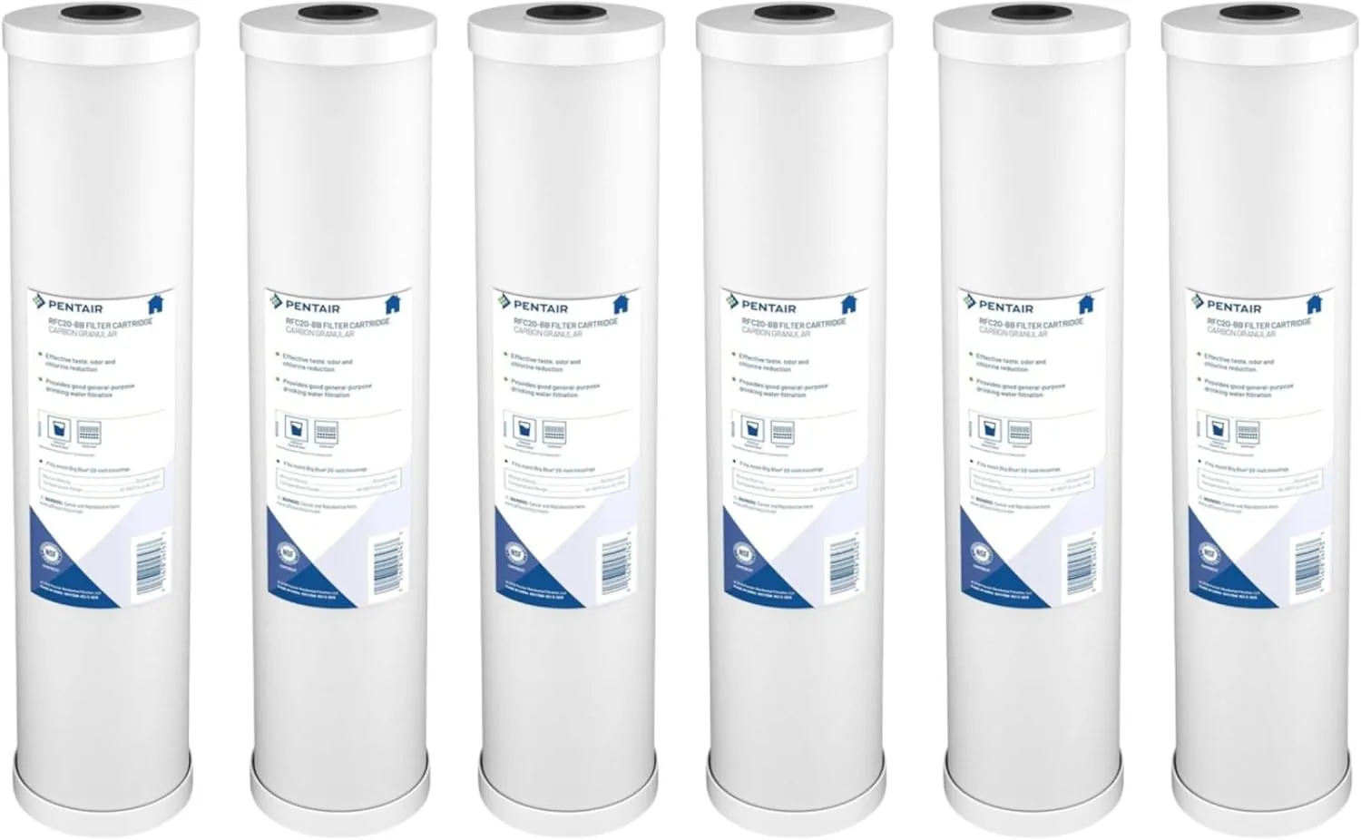 Pentair Pentek RFC-20BB Big Blue Carbon Water Filter, Whole House Heavy Duty Radial Flow Carbon Replacement Cartridge with Granular Carbon (GAC) Filter, 20" x 4.5", 25 Micron, Pack of 6, White