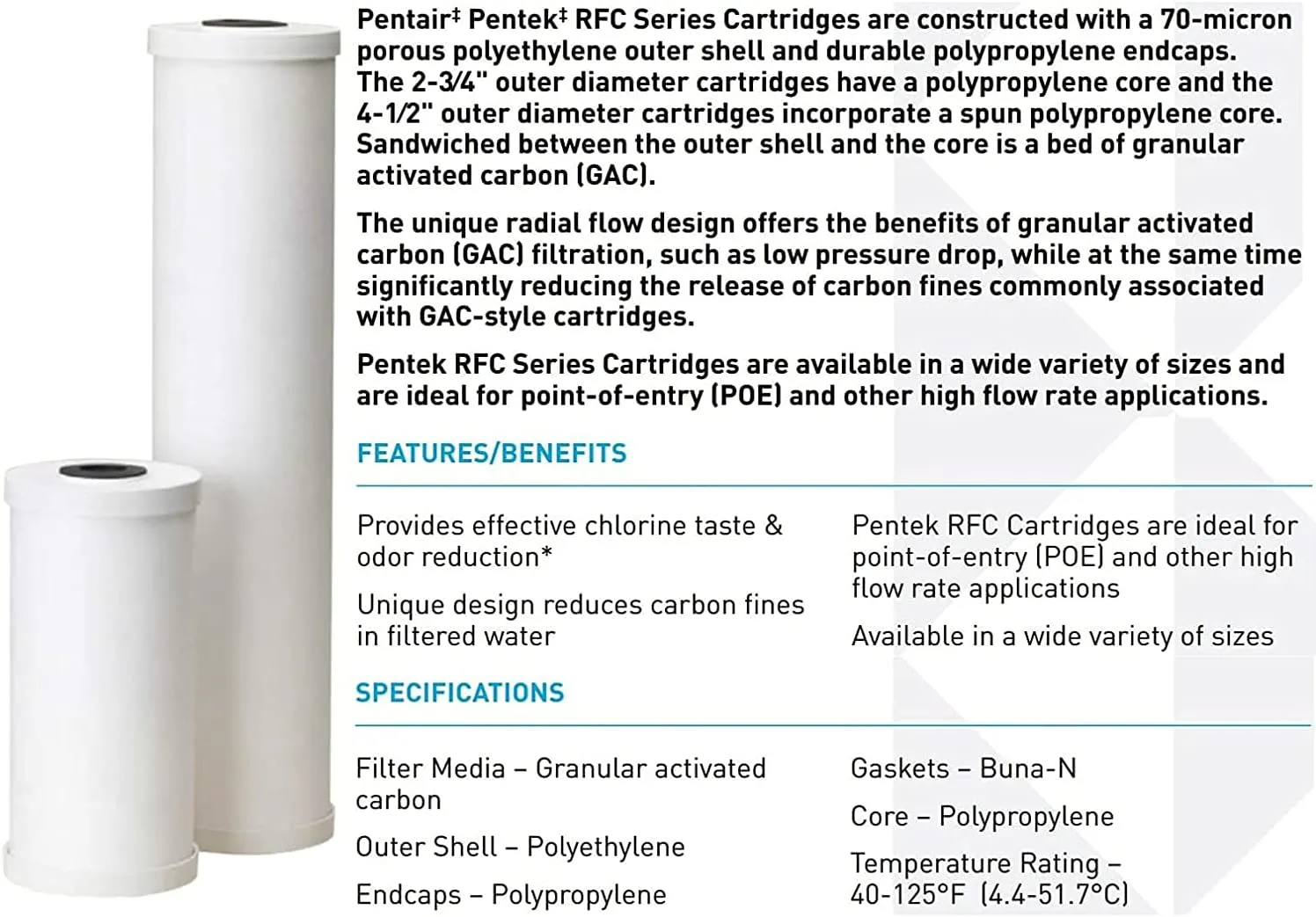 Pentair Pentek RFC-20BB Big Blue Carbon Water Filter, Whole House Heavy Duty Radial Flow Carbon Replacement Cartridge with Granular Carbon (GAC) Filter, 20" x 4.5", 25 Micron, Pack of 6, White