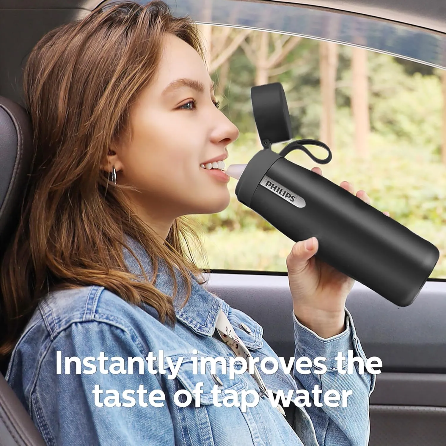PHILIPS Water Bottle with Filter, Filter Water Bottle Stainless Steel with GoZero Everyday BPA-Free Tap Water Filter, Water Filter Bottle Keep Drink Cold 24 Hours, 1 Filter for 40 gal / 2 Months