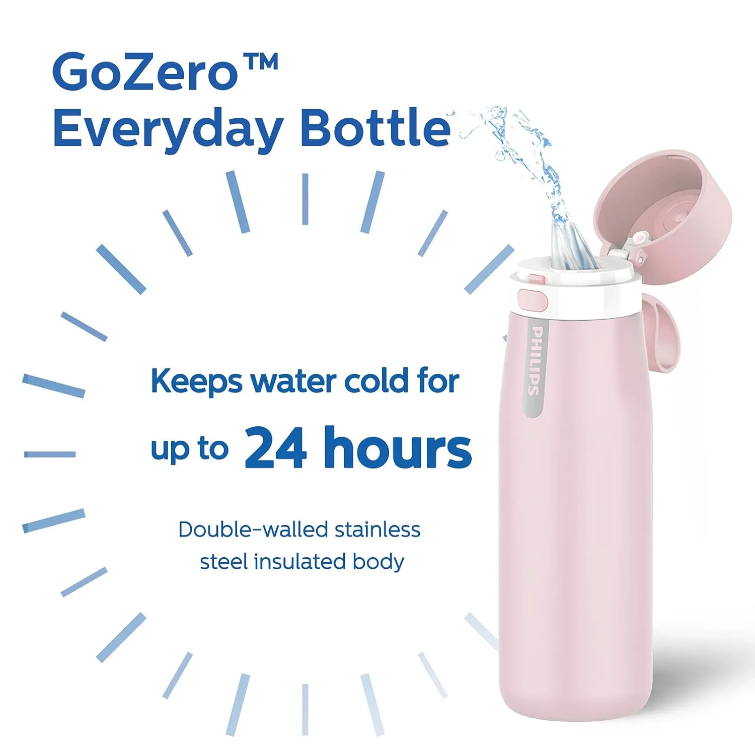 PHILIPS Water Bottle with Filter, Filter Water Bottle Stainless Steel with GoZero Everyday BPA-Free Tap Water Filter, Water Filter Bottle Keep Drink Cold 24 Hours, 3 Filters for 120 gal / 6 Months