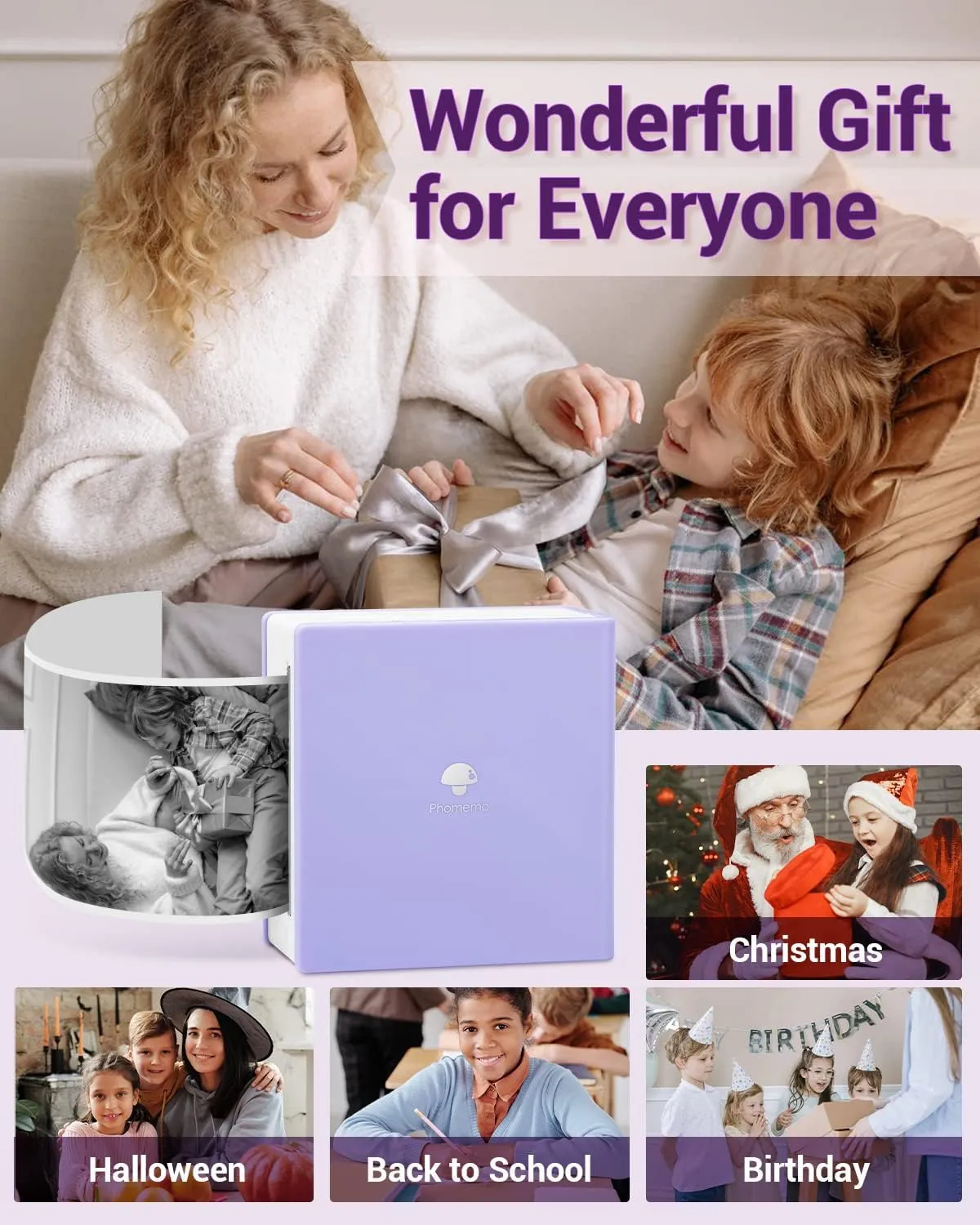 Phomemo Mini Sticker Printer- Mini Printer Sticker Maker Machine M02, Print Pods Suitable for Creative DIY, Diaries, Photos, Study Notes, Portable Thermal Inkless Label Maker for Home/Travel, Purple