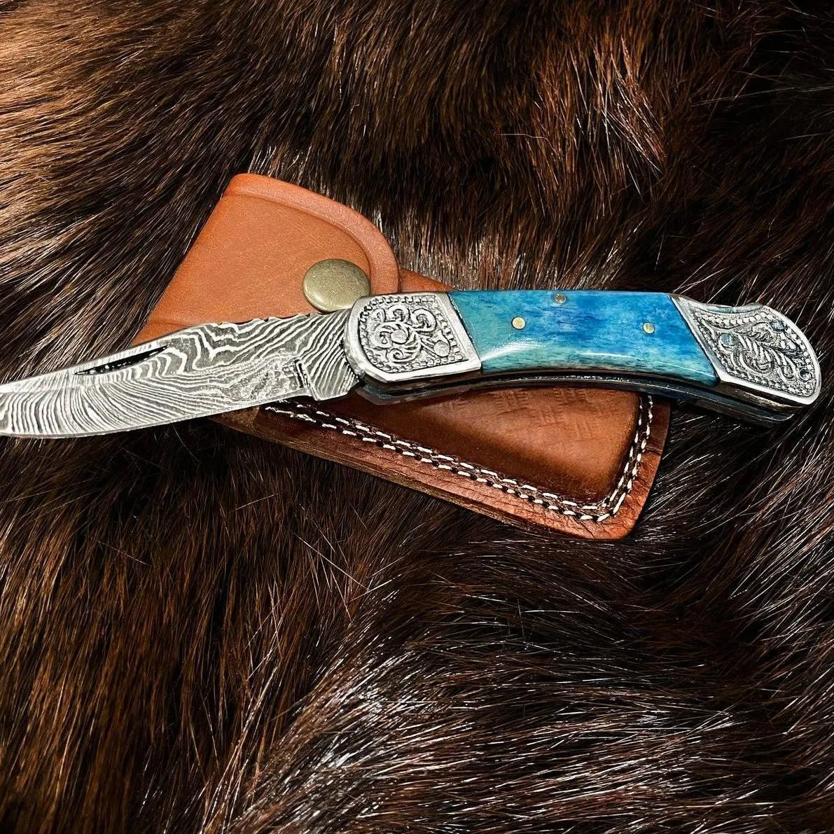 Pocket Knife Dyed Blue Bone 6.5'' Damascus Steel Knife Steel