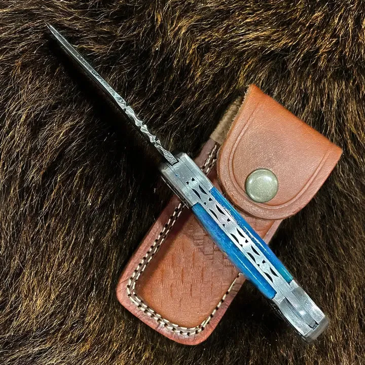 Pocket Knife Dyed Blue Bone 6.5'' Damascus Steel Knife Steel