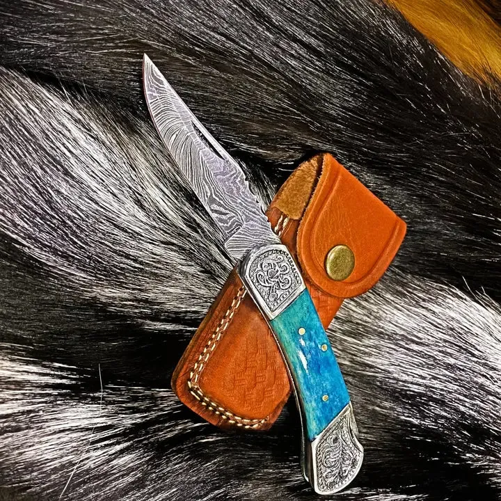 Pocket Knife Dyed Blue Bone 6.5'' Damascus Steel Knife Steel