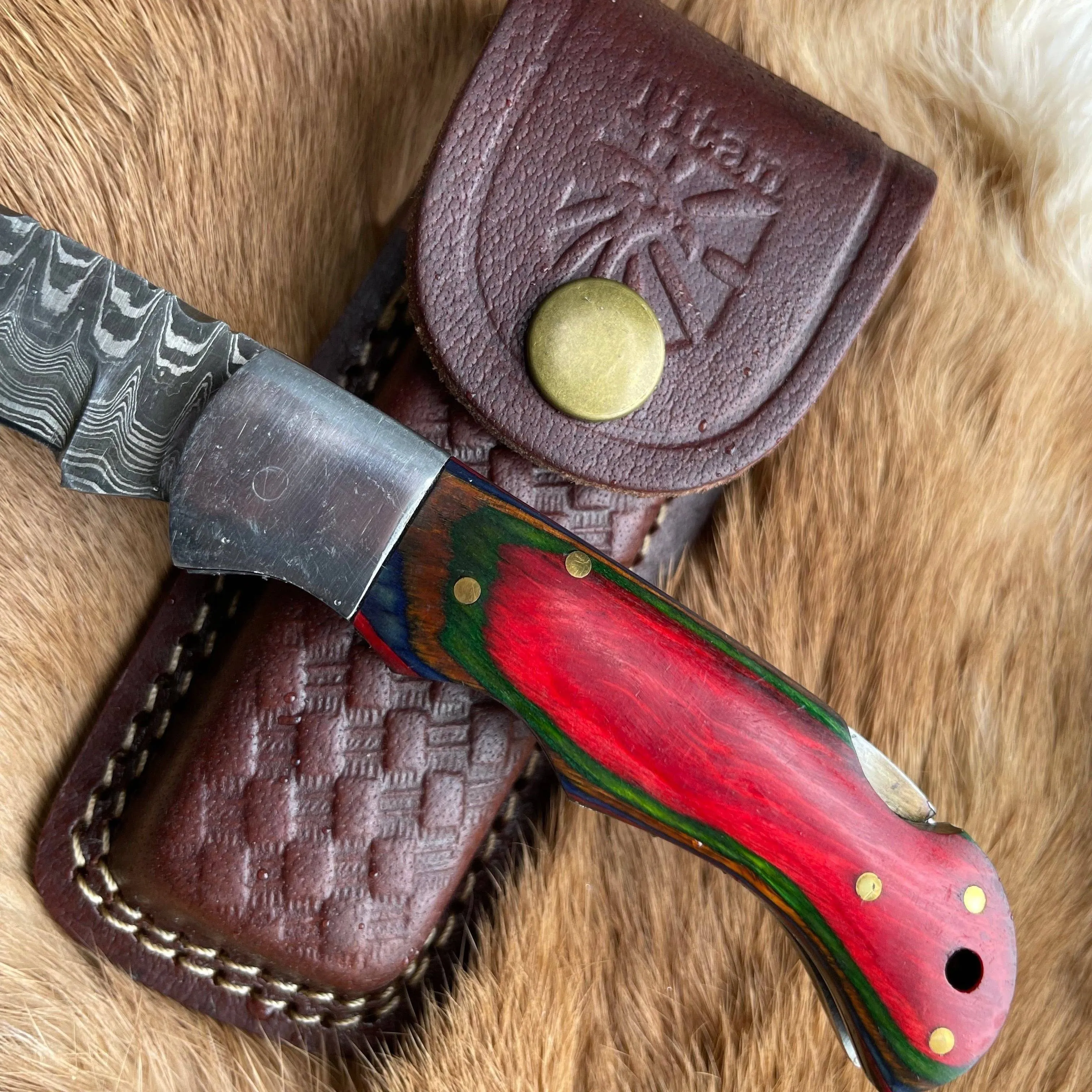 POCKET KNIFE RED DIAMOND WOOD 6.5'' DAMASCUS STEEL KNIFE