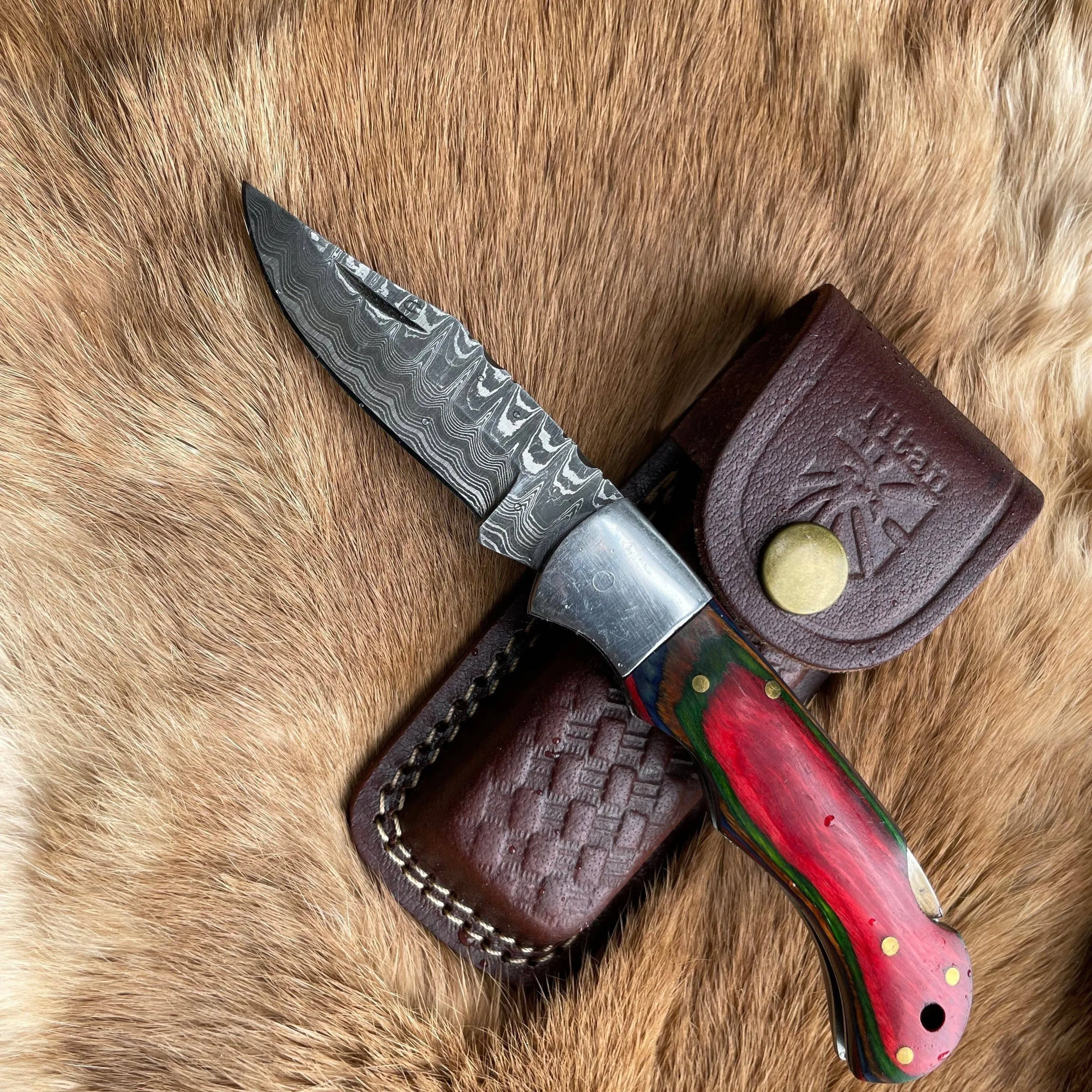 POCKET KNIFE RED DIAMOND WOOD 6.5'' DAMASCUS STEEL KNIFE