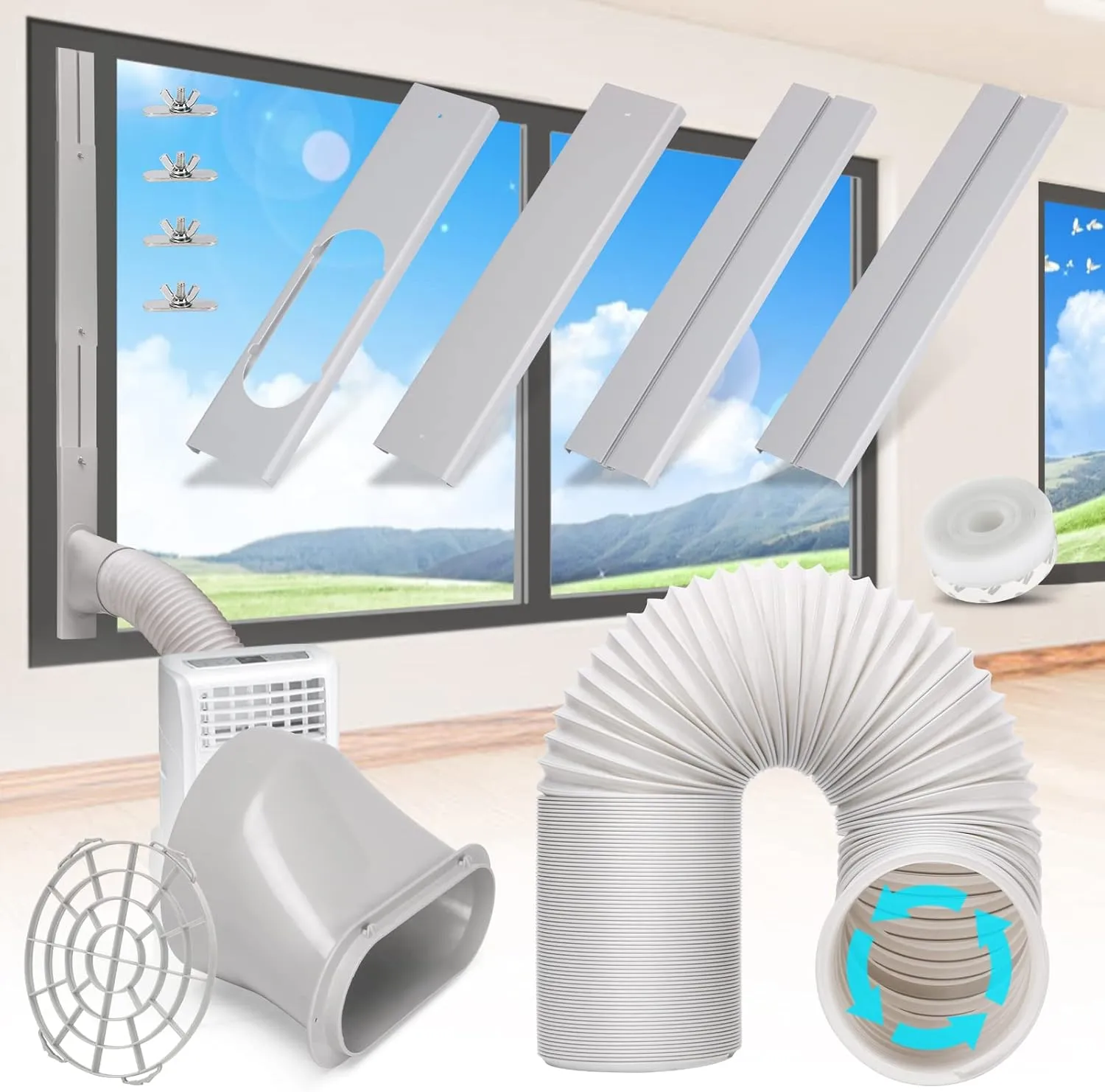 Portable Air Conditioner Window Vent Kit with 5.9” Exhaust Hose Adjustable Portable AC Window Kit for Ducting Universal Portable AC Seal Panel for Horizontal&Vertical Window