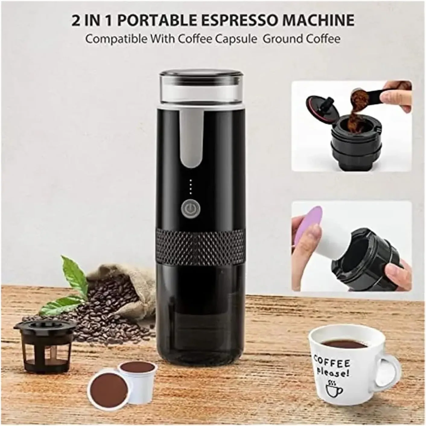 Portable Electric Coffee, Rechargeable Espresso Machine Portable Handheld Travel Coffee Maker Capsule And Ground Coffee,for Camping, Travel, RV, Hiking, Office