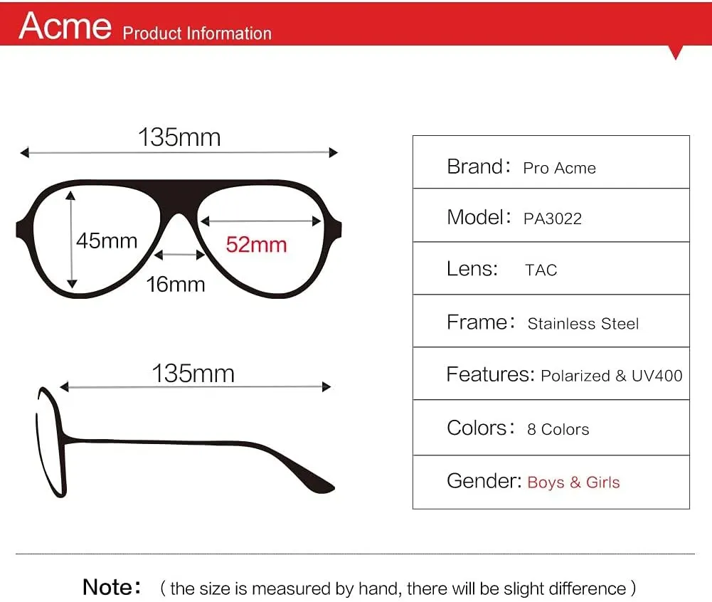 Pro Acme Kids Aviator Sunglasses for Boys Girls, Polarized Small Face for Youth Juniors Age 3-18, with Two Sizes 50MM 52MM