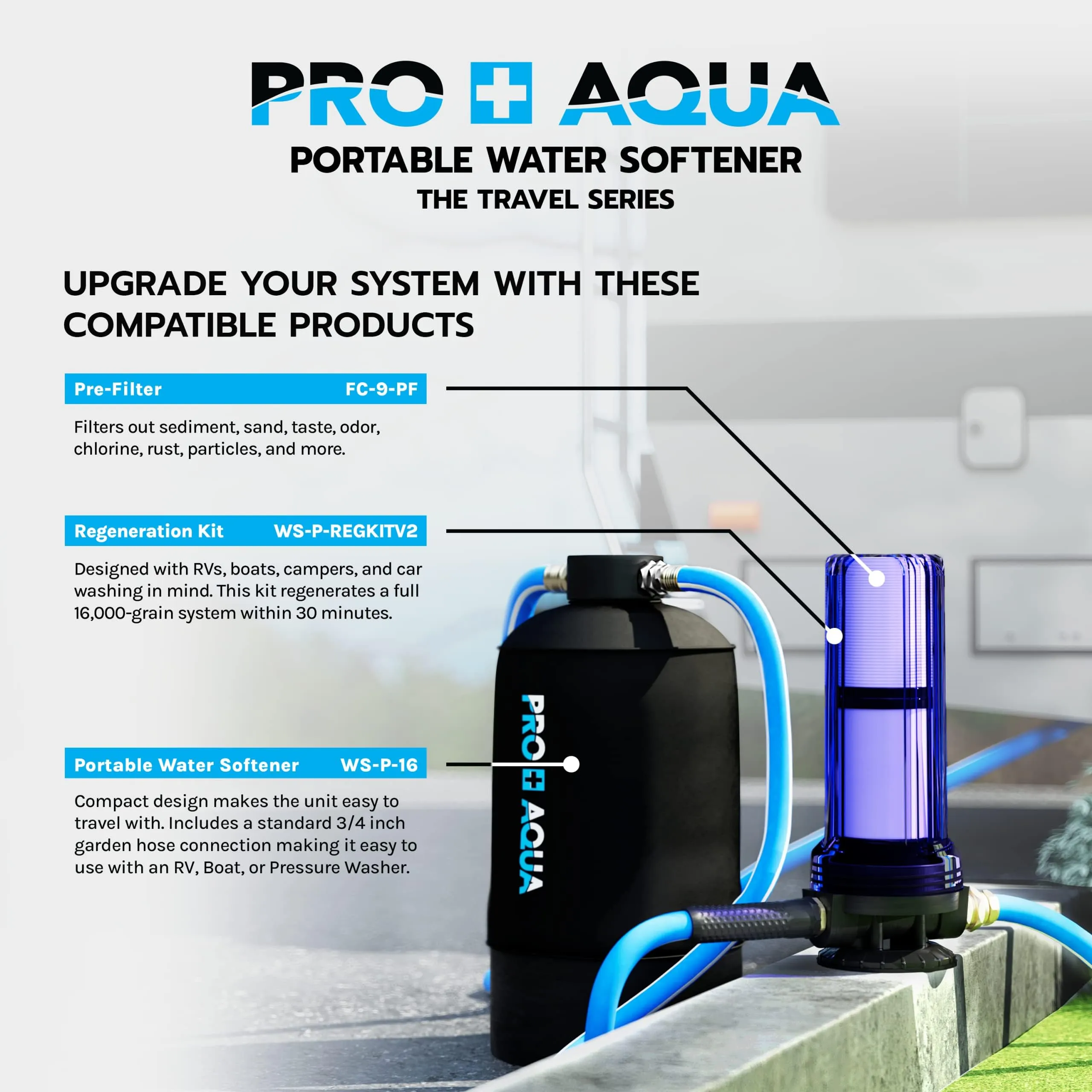 PRO AQUA Portable RV Water Softener 16,000 Grains and Filtration System Bundle, Filter and Soften Hard Water for RV Trailers Vans