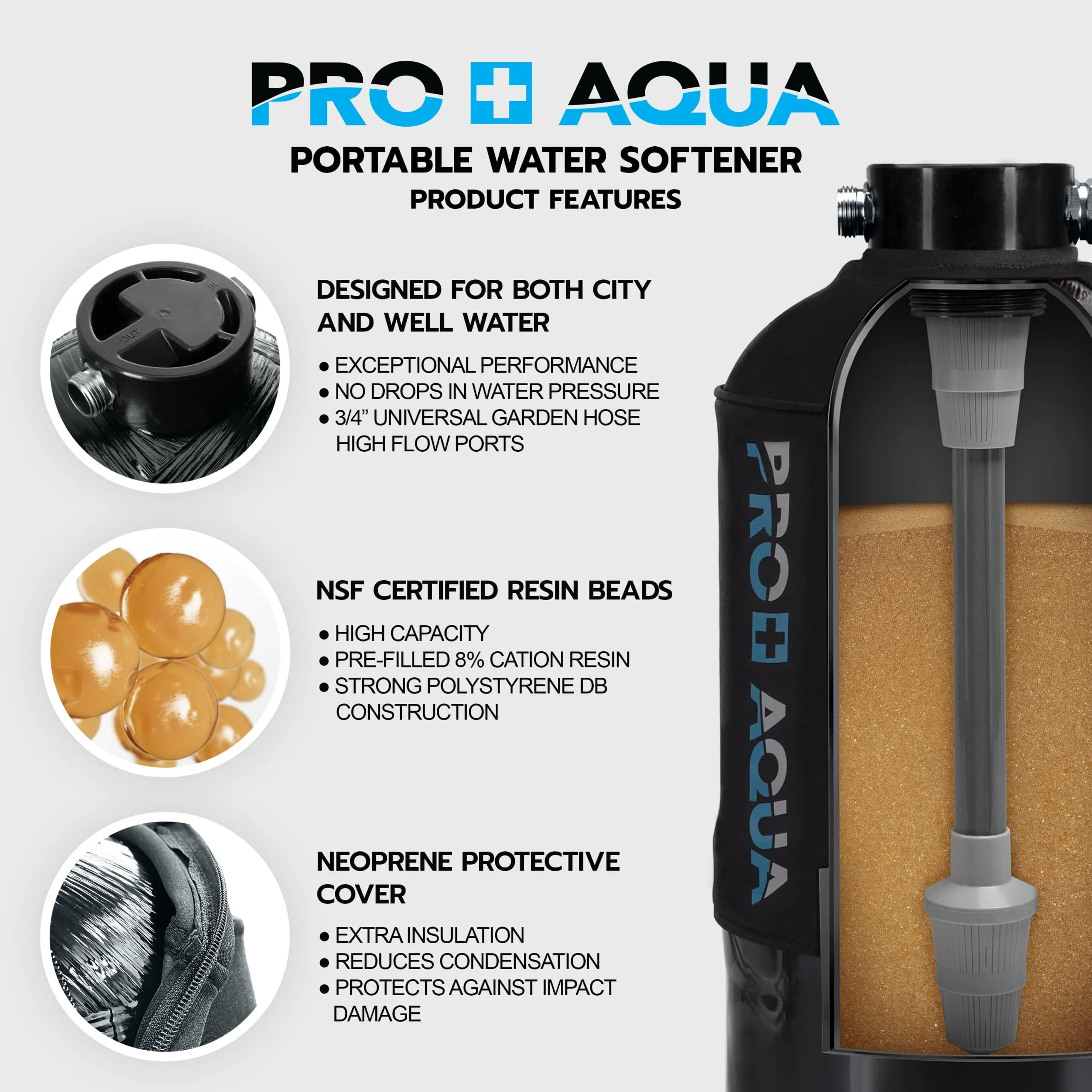 PRO AQUA Portable RV Water Softener 16,000 Grains and Filtration System Bundle, Filter and Soften Hard Water for RV Trailers Vans