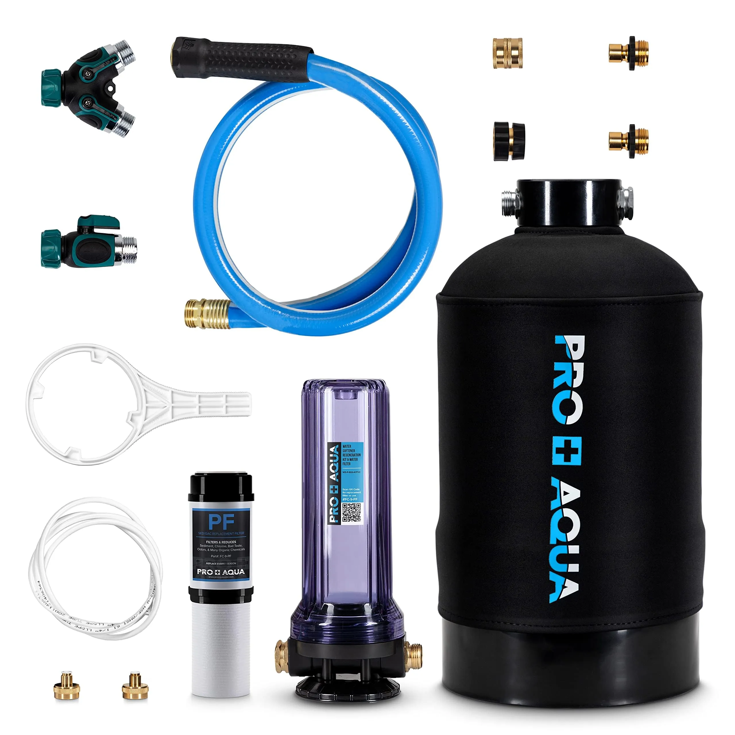 PRO AQUA Portable RV Water Softener 16,000 Grains and Filtration System Bundle, Filter and Soften Hard Water for RV Trailers Vans