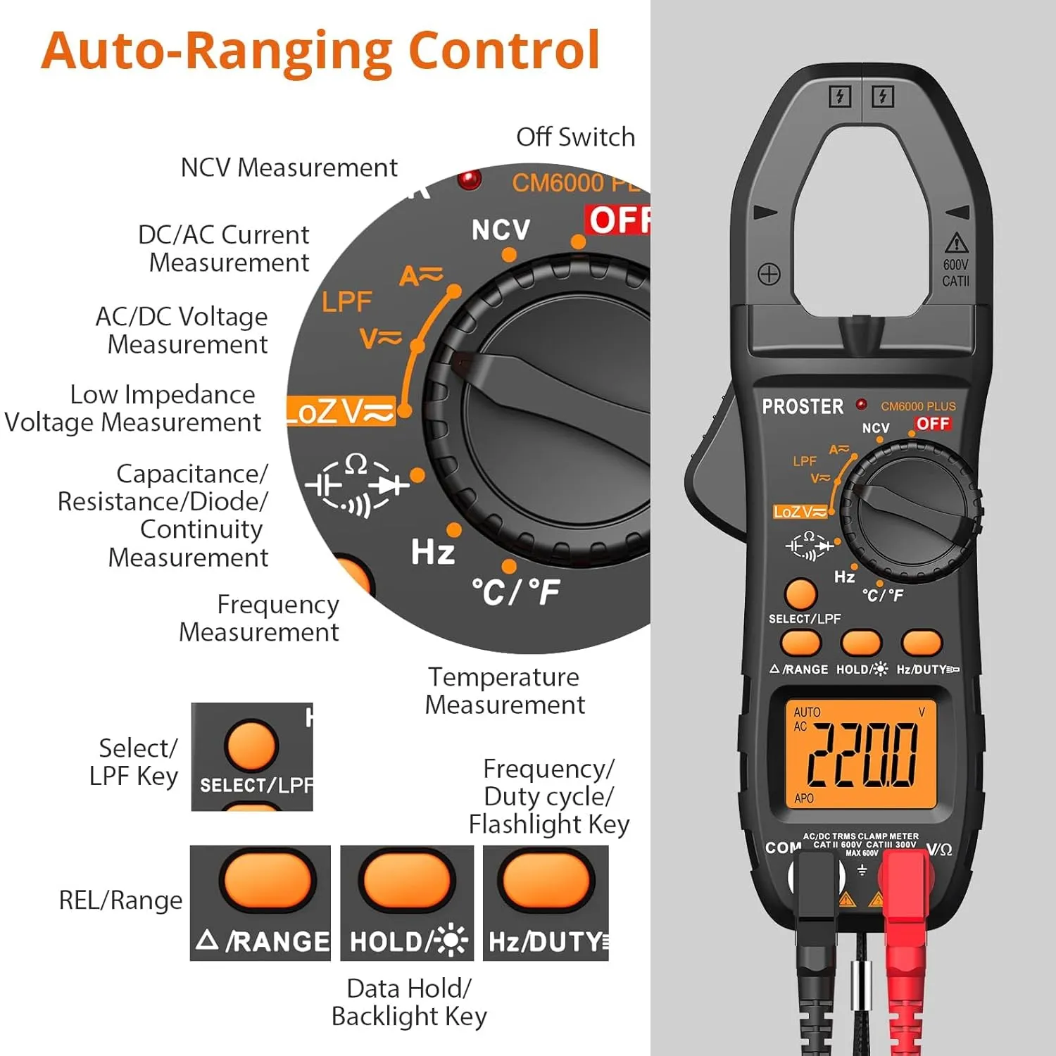 Proster Digital Clamp Meter 6000 Count - 800A AC/DC Current AC/DC Voltage Multi Tester, TRMS NCV Continuity Capacitance Resistance Frequency Diode LPF LOZ Test