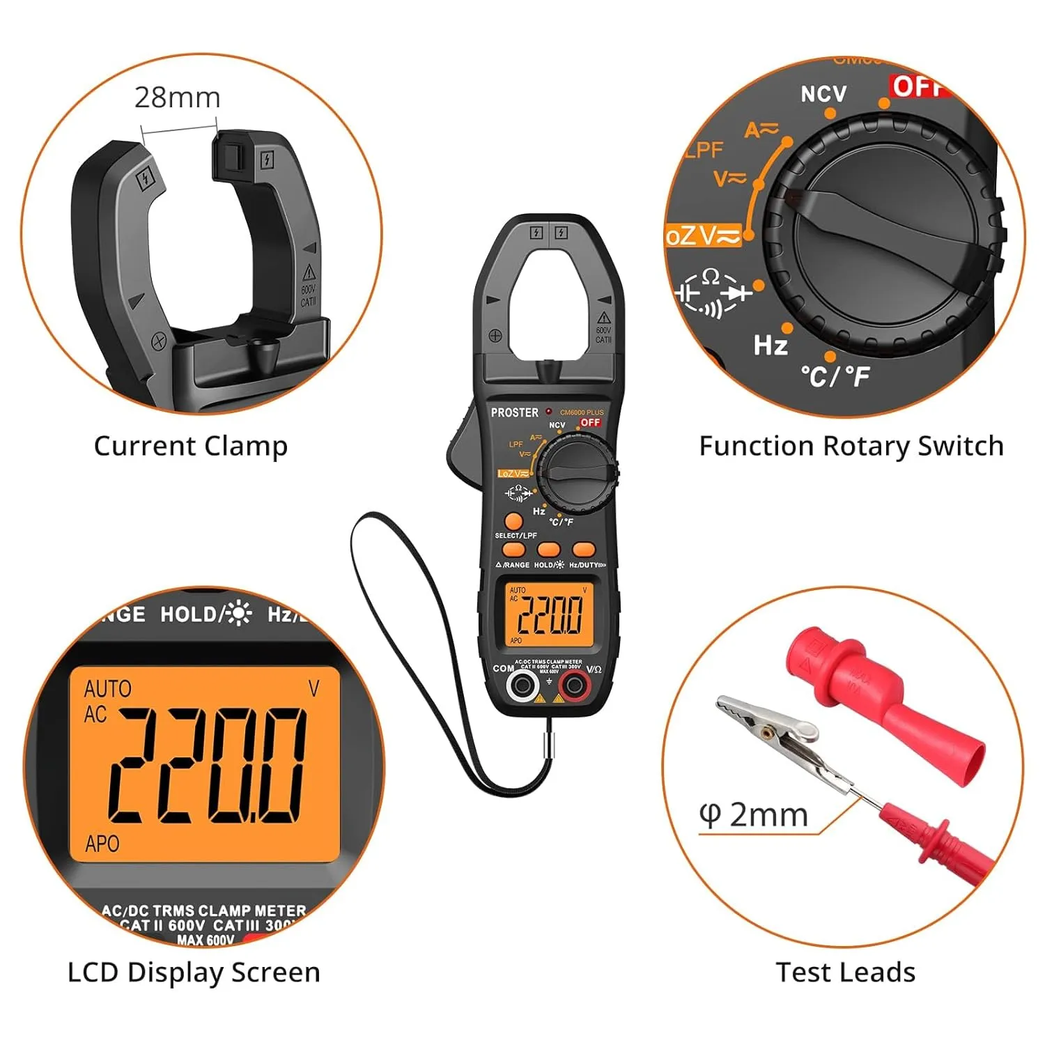 Proster Digital Clamp Meter 6000 Count - 800A AC/DC Current AC/DC Voltage Multi Tester, TRMS NCV Continuity Capacitance Resistance Frequency Diode LPF LOZ Test