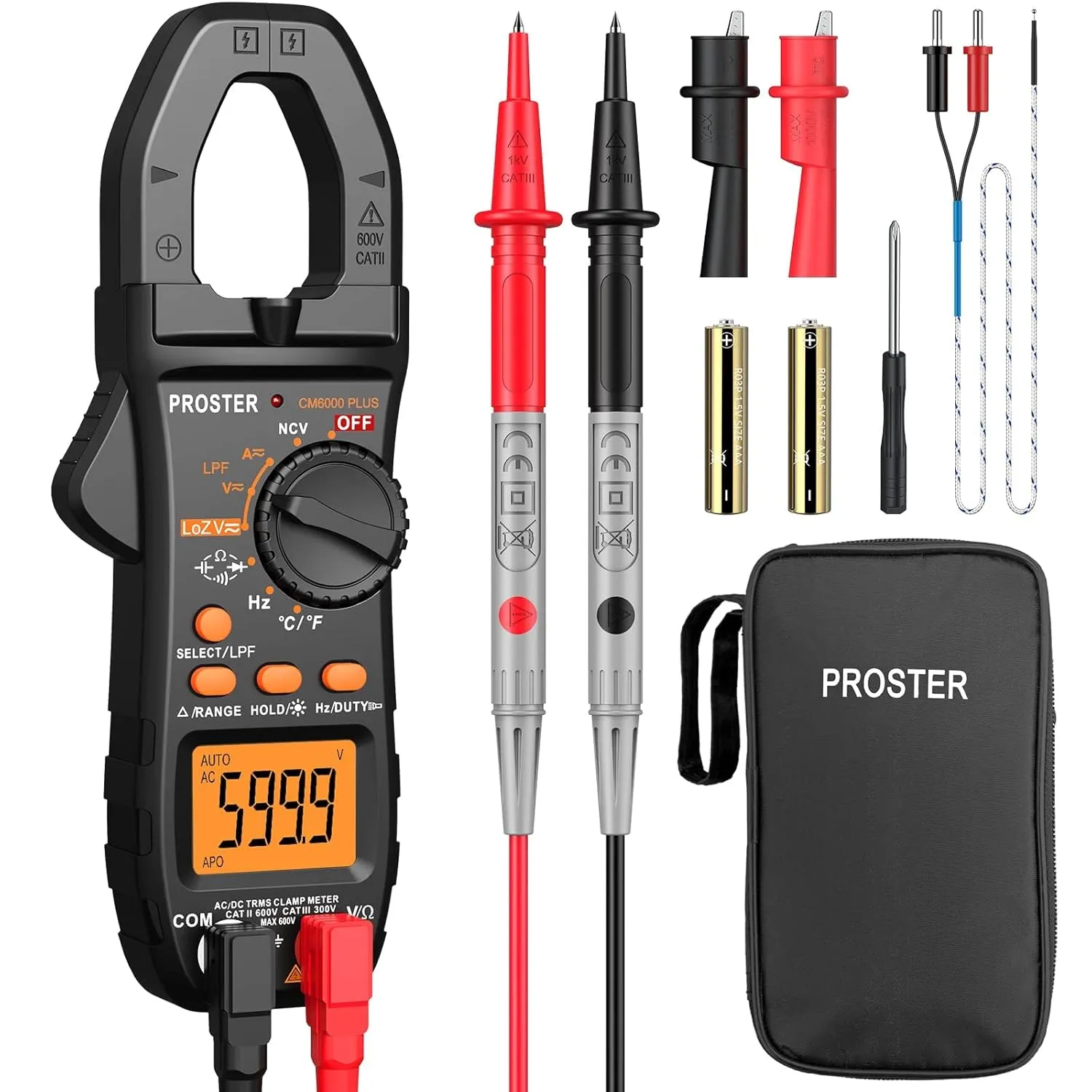Proster Digital Clamp Meter 6000 Count - 800A AC/DC Current AC/DC Voltage Multi Tester, TRMS NCV Continuity Capacitance Resistance Frequency Diode LPF LOZ Test